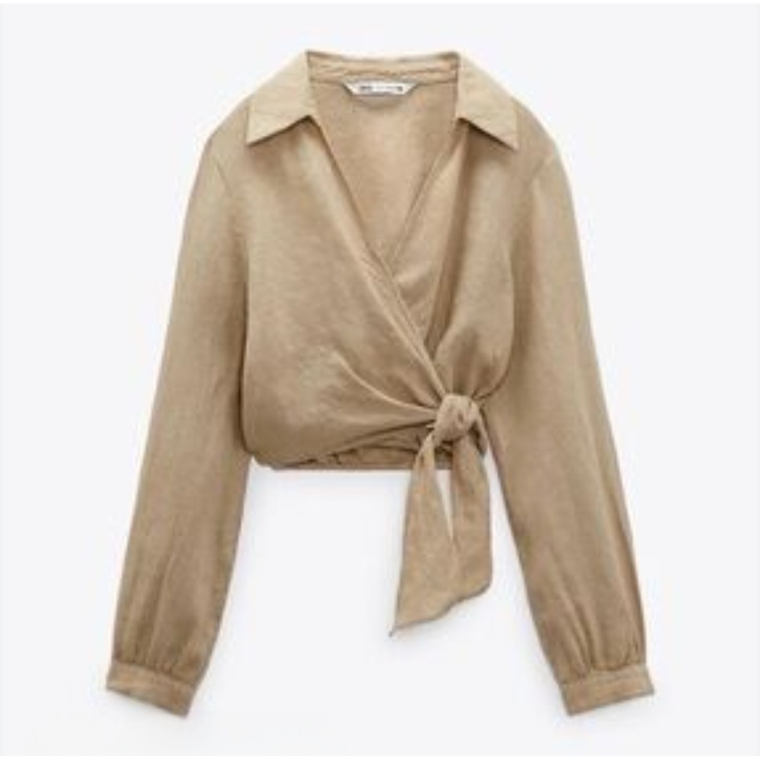Zara 100% Linen Wrap Top Tan Beige Long Sleeve Cropped Tie Waist Shirt S Nwt